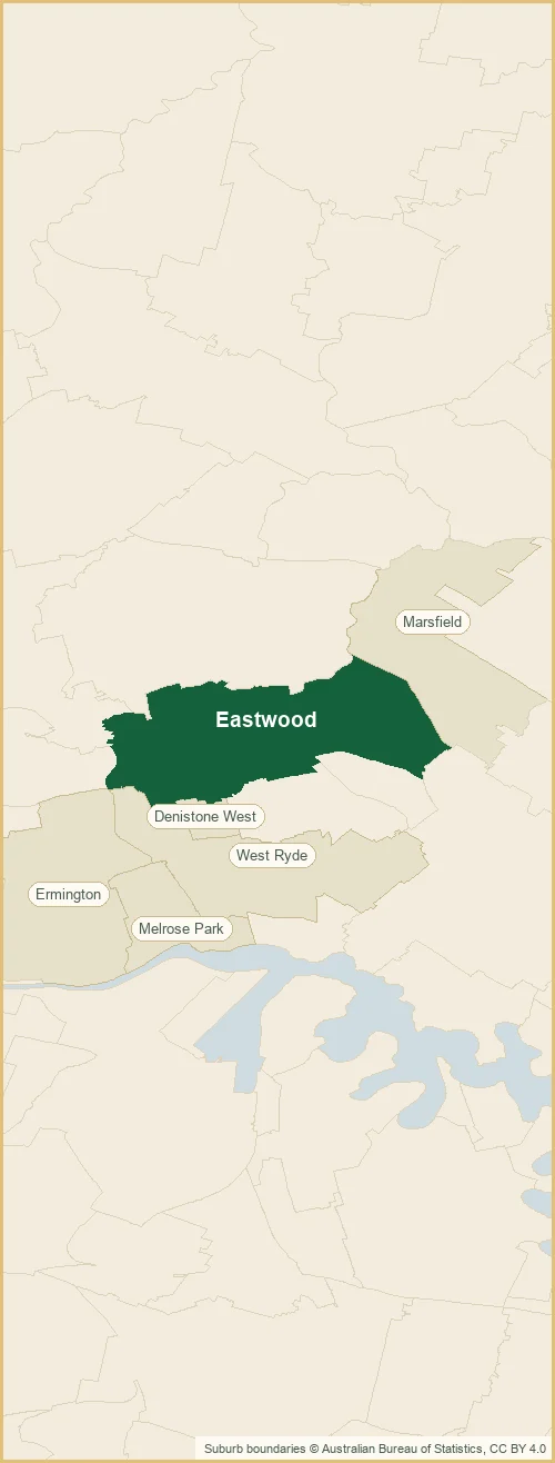 Map of the Eastwood plumbing service area, covering Denistone West, Ermington, Marsfield, Melrose Park and West Ryde