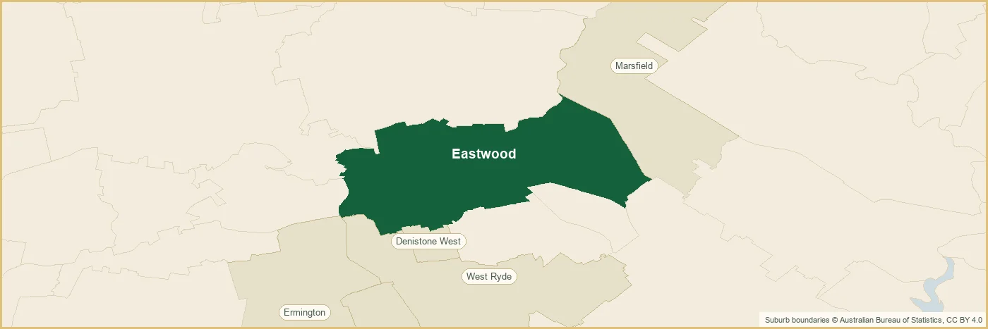 Map of the Eastwood plumbing service area, covering Denistone West, Ermington, Marsfield, Melrose Park, West Ryde, Denistone West, Ermington, Marsfield, Melrose Park, West Ryde, Denistone West, Ermington, Marsfield, Melrose Park, West Ryde, Denistone West, Ermington, Marsfield and Melrose Park
